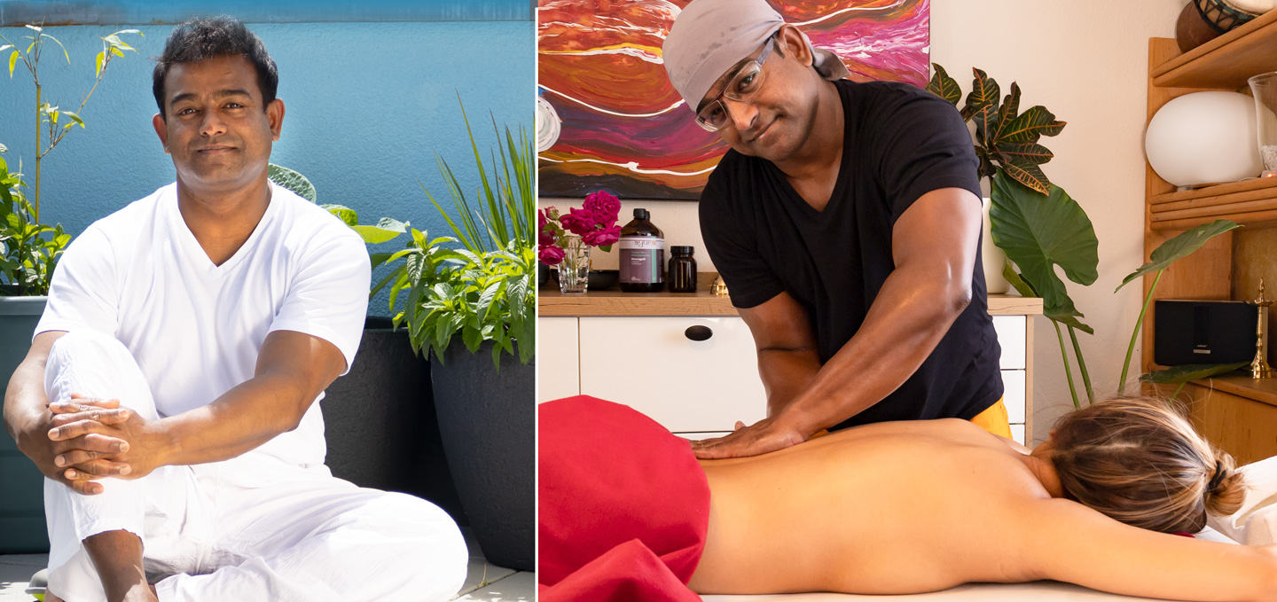 Bild: links im Bild: Pragash Irudayam nach der Meditation, rechts im Bild: Pragash Irudayam bei der Kalari Massage in liebevoll eingerichteten Praxisräumen in Markdorf am Bodensee 